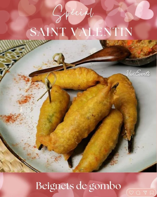 Beignets de gombo épicé  Ingrédients :
- 500 g de gombo 
- 150 g de farine
- 50 g de fécule de maïs
- 5 g de levure boulangère
- 200 ml d'eau gazeuse (température ambiante)
- 1 cuillère à café de paprika en poudre
- 1 cuillère à soupe d'épices cajun
- 1 branche de cive hachée
- 1 branche de thym
- 1 piment coupé en dés (ajuster selon votre goût)
- 1 cuillère à café de sel
- 1 cuillère à café de poivre
- Huile pour la friture  Instructions :  1 - Lavez vos gombos et séchez les sur un torchon propre.  2 - Dans un grand bol, mélangez la farine, la fécule de maïs, le paprika en poudre, les épices cajun, la cive, le thym, le piment, le sel et le poivre.
 - Ajoutez la levure boulangère et mélangez bien.
 - Ajoutez l'eau gazeuse progressivement en remuant légèrement. La pâte doit rester légèrement grumeleuse pour un tempura croustillant.  3 - Trempez les  gombos dans la pâte à tempura, en vous assurant qu'ils soient bien enrobés.  4- Faites chauffer l'huile dans une grande poêle ou une friteuse à feu moyen.
 - Faites frire les  gombos jusqu'à ce qu'ils soient dorés et croustillants, environ 3-4 minutes.
 - Égouttez-les sur du papier absorbant pour enlever l'excès d'huile.  5 - Servez les tempuras de gombo chauds, accompagnés d'une bonne sauce chien ou d'une vinaigrette de piments végétariens.  Mi on bel ti bitin  Je trouve cette entrée (avec une petite salade verte) assez originale, pour changer. Qu'en pensez vous?  #SaintValentin ##TempuraDeGombo #SansŒuf #CuisineAntillaise #Traiteurantillais #Entretraditionsetmodernité