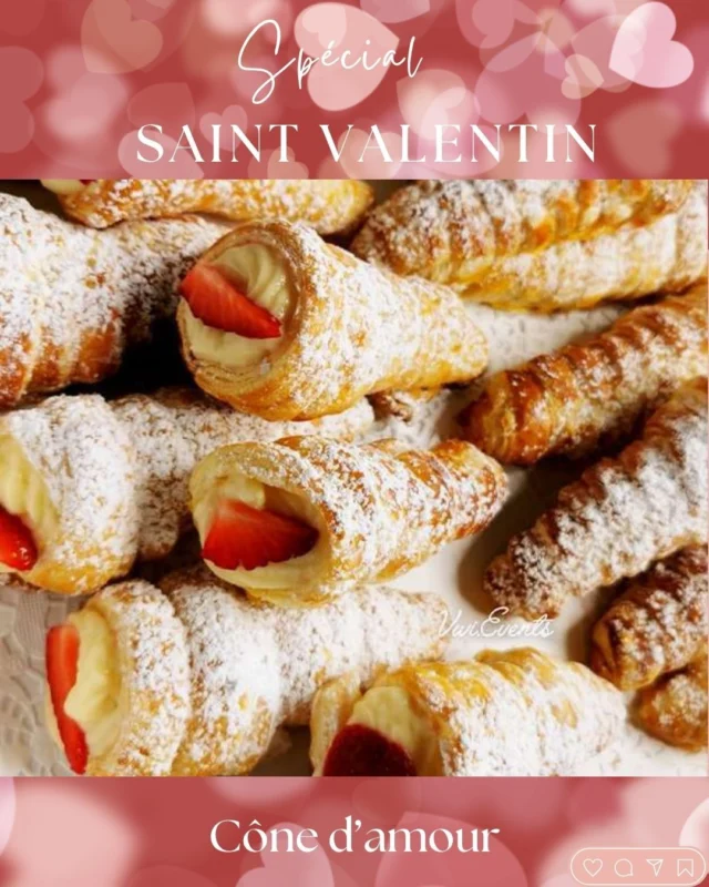 Cônes d'amour à la crème pâtissière vanille  Ingrédients :  - 250 ml de lait
- 3 jaunes d'œufs
- 70 g de sucre de canne
- 1 bouchon de rhum vieux
- 1 gousse de vanille
- 1 pincée de muscade
- 1 pincée de cannelle en poudre
- 1/4 du zeste d'un citron vert
- 25 g de farine
- 25 g de maïzena  Pour les cônes :
- Pâte feuilletée
- Sucre glace  An nou ay:  1 - Faites chauffer le lait avec la gousse de vanille fendue en deux dans une casserole.
 - Dans un bol, fouettez les jaunes d'œufs avec le sucre de canne jusqu'à ce que le mélange blanchisse.
 - Ajoutez la farine et la maïzena au mélange de jaunes d'œufs et sucre. Mélangez bien.
 - Retirez la gousse de vanille du lait chaud et versez le lait en filet sur le mélange, tout en fouettant.
 - Remettez le tout dans la casserole, ajoutez la muscade, la cannelle et le zeste de citron vert.
 - Faites chauffer à feu moyen en remuant constamment jusqu'à épaississement.
 - Hors du feu, ajoutez le bouchon de rhum vieux. Laissez refroidir.  2 - Préchauffez votre four à 180°C.
 - Étalez la pâte feuilletée et découpez-la en lanières.
 - Enroulez les lanières autour de cônes métalliques beurrés.
 - Badigeonnez de jaune d'œuf (ou de sucre glace)
 - Enfournez pour 15-20 minutes, jusqu'à ce que les cônes soient dorés et croustillants.  3 - Une fois les cônes refroidis, remplissez-les de crème pâtissière vanille à l'aide d'une poche à douille.
 - Saupoudrez de sucre glace pour la finition.  Mi on bel ti bitin pou di chewi doudou mwen love ou!  Pour plus de gourmandise, je fourre le fond des conne soit de chocolat, soit de confiture avant de mettre la crème pâtissière  Ca vous tente?  Bel bo  Vanessa  #Traiteurantillais#livredecuisine#entretraditionsetmodernité#saintvalentin#conedamour#cremepatissiére