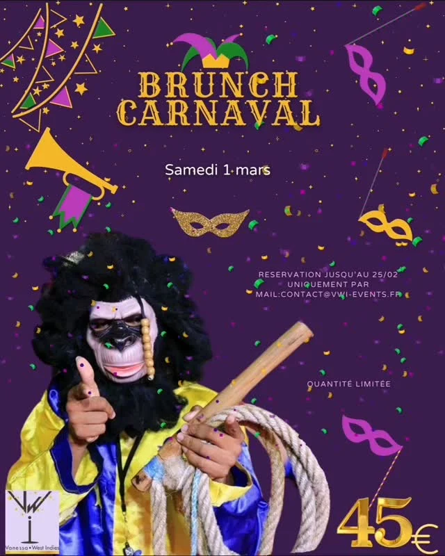 🎉 Brunch Carnaval Spécial , Yepa🎉  Pour l’occasion, je vous propose des produits frais et faits maison ( zot ja konet !)  Au menu :  - Chocolat antillais  - Salade de fruits frais  - Poulet et crudités avec sauce chien  - Pain au beurre traditionnel  - Beignets de carnaval  - Gâteau à l'ananas fondant  - Sik a pistach pays     Réservez dès maintenant !  -  Réservation uniquement par mail : contact@vwi-events.fr  - Places limitées, alors ne tardez pas !     Bel bo     Vanessa  carnaval #traiteurantillais #antillesettraditionslivredecuisone#brunch#brunchAntillais